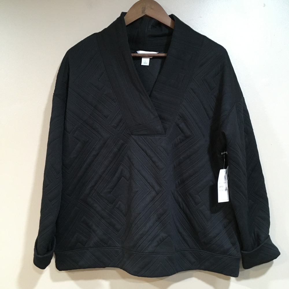 Liz Claiborne Quilted V-Neck Pullover Top Womens L Black Geometric Classic Lagom